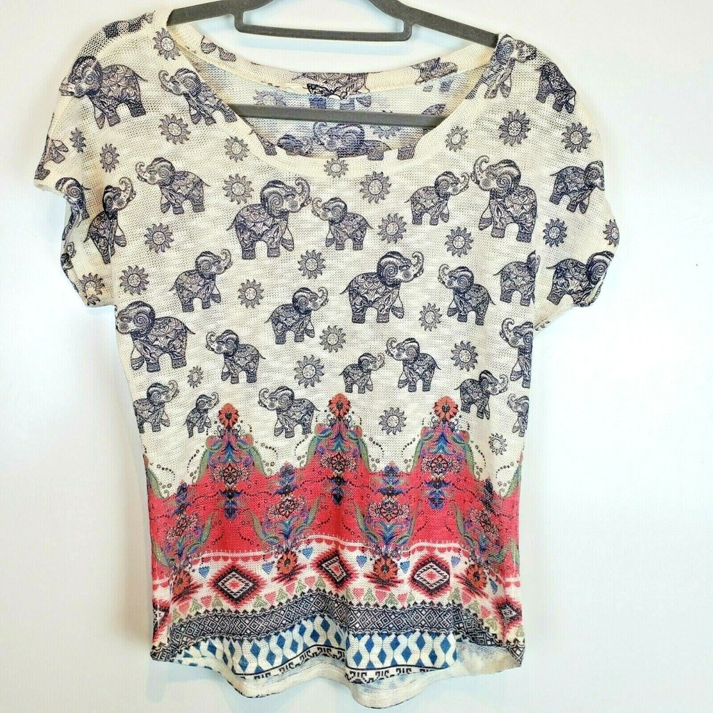 GAZE USA Women's Multicolor Elephant Print Short Sleeve Top Size Medium